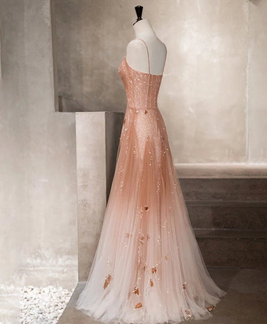 Charming Pink Tulle Straps Long Beaded Prom Gowns, Straps Long Prom Dresses