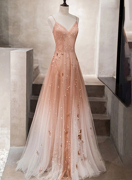 Charming Pink Tulle Straps Long Beaded Prom Gowns, Straps Long Prom Dresses
