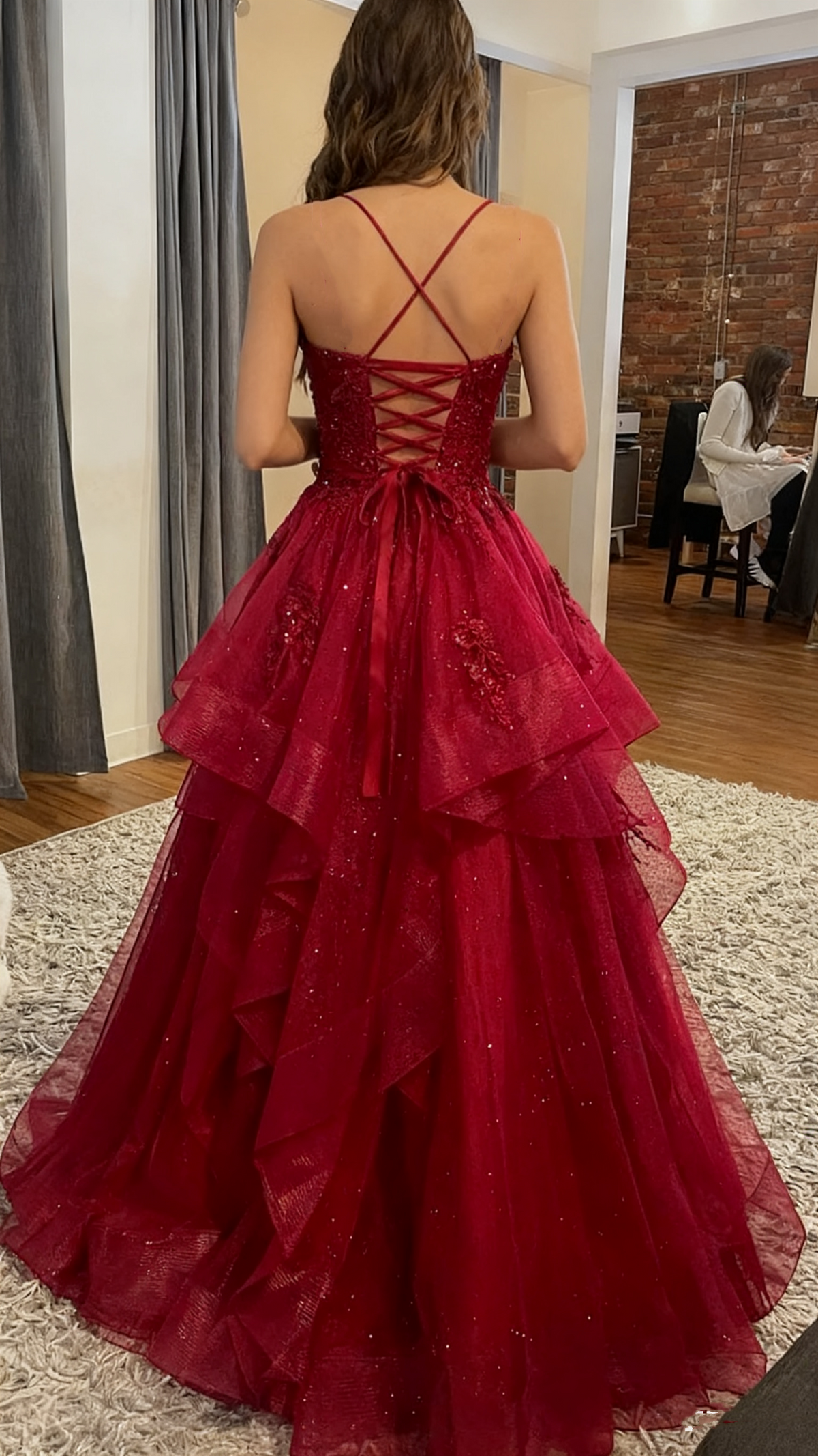 Chic Ball Gowns Spaghetti Straps Burgundy Tulle Lace Long Prom Dresses Prom Gown