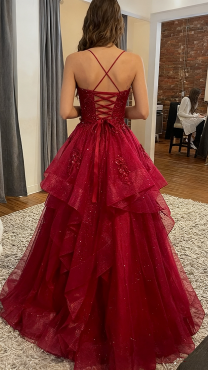 Chic Ball Gowns Spaghetti Straps Burgundy Tulle Lace Long Prom Dresses Prom Gown