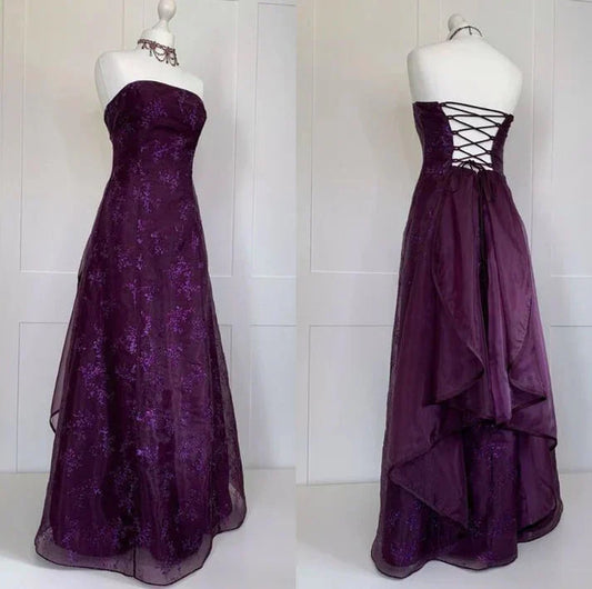 Chic Ball Gowns Strapless Grape Tulle Prom Dress Long Prom Dresses