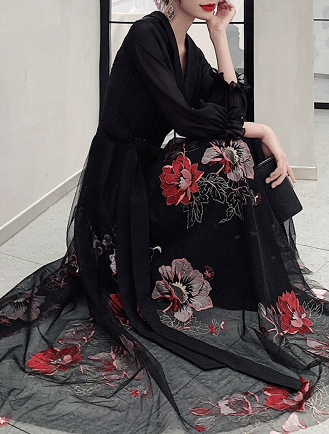 A-Line Floral Prom Formal Evening Dress V Neck 3/4 Length Sleeve Floor Length Spandex with Sash / Ribbon Embroidery