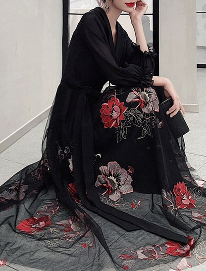 A-Line Floral Prom Formal Evening Dress V Neck 3/4 Length Sleeve Floor Length Spandex with Sash / Ribbon Embroidery