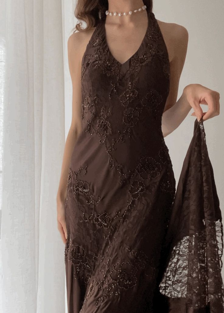 Brown Vintage Elegant Suspender Lace Spaghetti Strap Long Satin Ball Gowns Prom Dresses