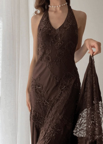 Brown Vintage Elegant Suspender Lace Spaghetti Strap Long Satin Ball Gowns Prom Dresses