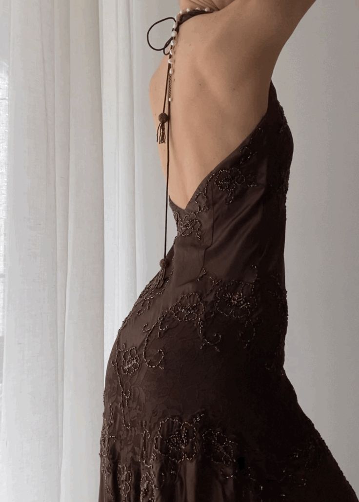 Brown Vintage Elegant Suspender Lace Spaghetti Strap Long Satin Ball Gowns Prom Dresses