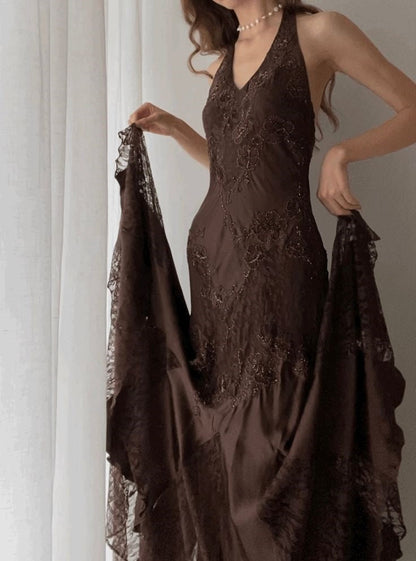 Brown Vintage Elegant Suspender Lace Spaghetti Strap Long Satin Ball Gowns Prom Dresses