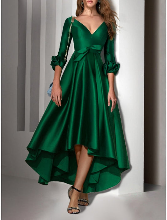 A-Line Cocktail Dresses Party Dress Wedding Guest Birthday Asymmetrical 3/4 Length Sleeve V Neck Satin with Bow(s) Pleats 2026