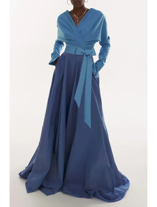A-Line Evening Gown Elegant Dress Formal Fall Sweep / Brush Train Long Sleeve V Neck Fabric with Pleats Ruched