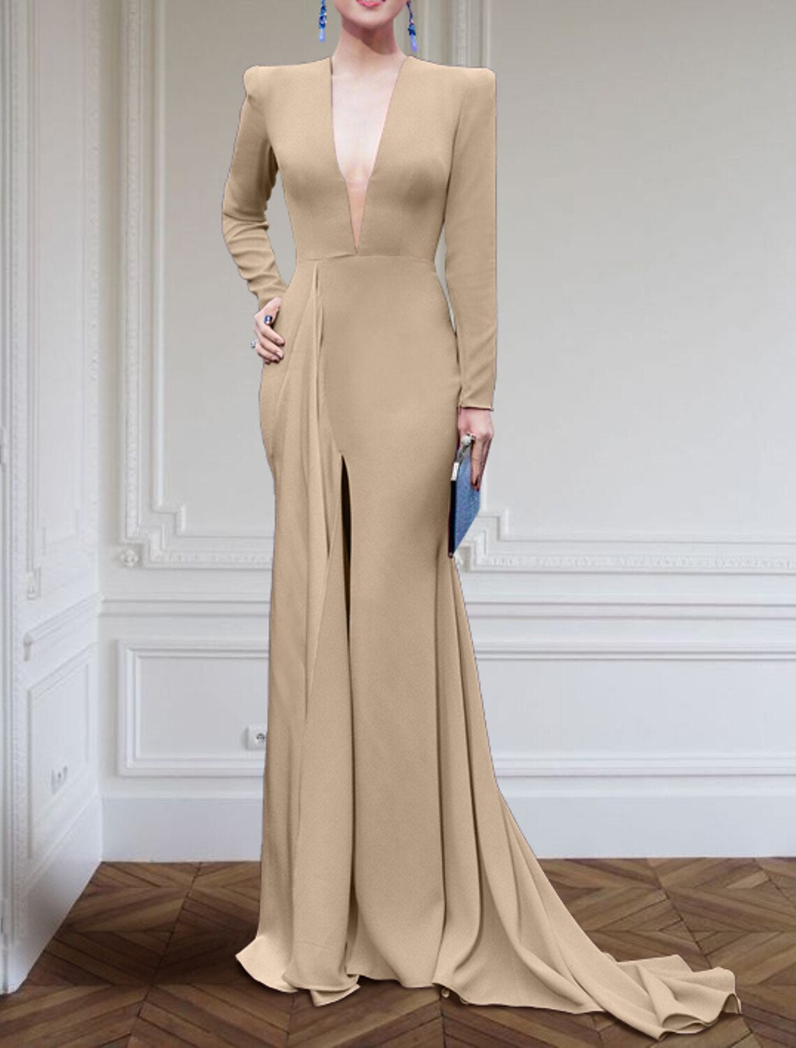 A-Line Evening Gown Elegant Black Champagne Dress Plus Size Dress Formal Sweep / Brush Train Long Sleeve V Neck Fabric with Pleats Slit