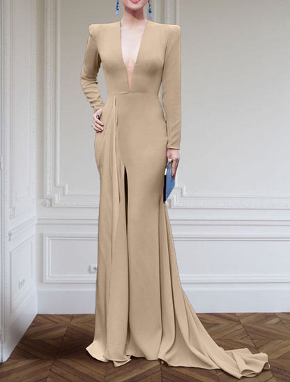 A-Line Evening Gown Elegant Black Champagne Dress Plus Size Dress Formal Sweep / Brush Train Long Sleeve V Neck Fabric with Pleats Slit