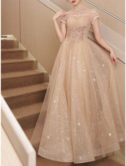 A-Line Evening Gown Sparkle & Shine Dress Engagement Prom Floor Length Short Sleeve Stand Collar Satin with Buttons Ruched Pearls