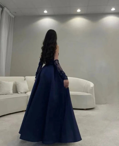 Modest Ball Gown Navy Blue Strapless With Long Sleeves Prom Dresses Long Evening Dress C2853