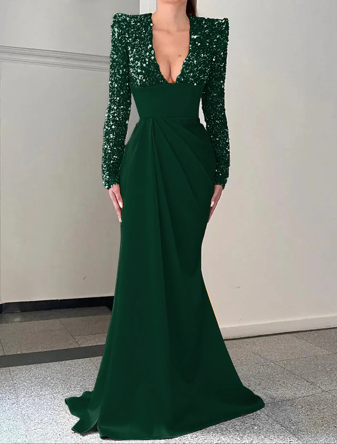 Mermaid / Trumpet Evening Gown Champagne Sparkle & Shine Dress Formal Sweep / Brush Train Long Sleeve V Neck Satin with Pleats Sequin 2026