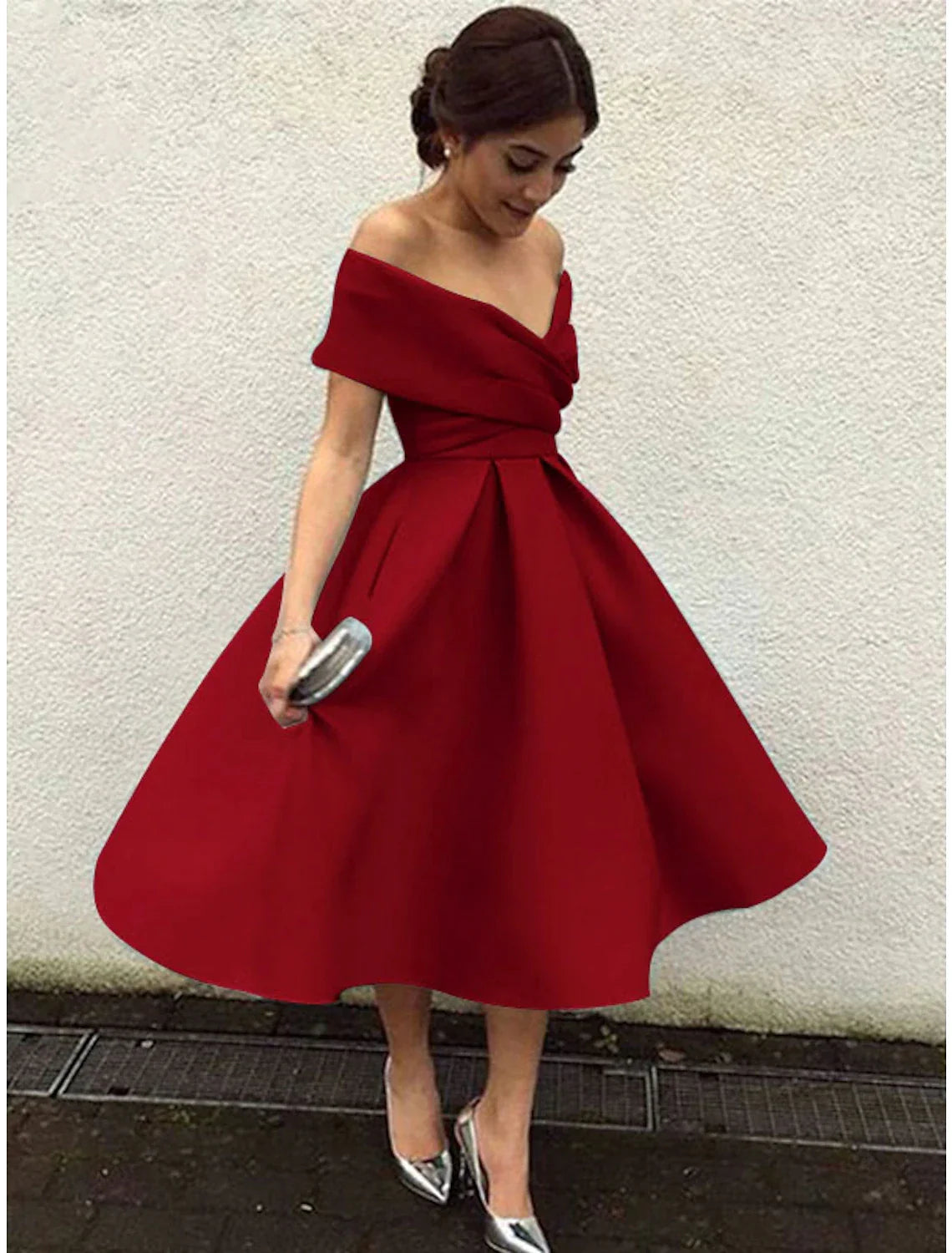 A-Line Cocktail Dresses 1950s Dress Wedding Guest Homecoming Tea Length Short Sleeve V Neck Fabric V Back with Pleats