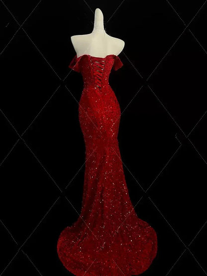 Classy Mermaid Sweetheart Red Slit Sequin Long Prom Gown Prom Dresses