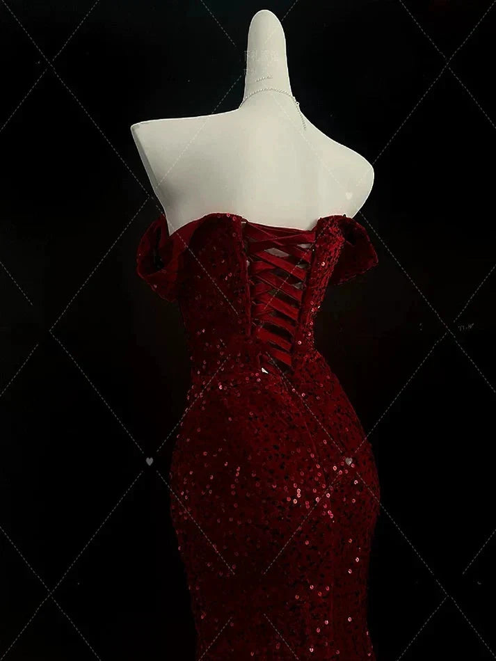 Classy Mermaid Sweetheart Red Slit Sequin Long Prom Gown Prom Dresses