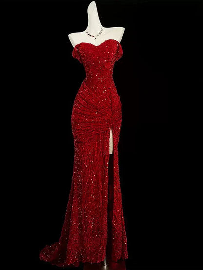 Classy Mermaid Sweetheart Red Slit Sequin Long Prom Gown Prom Dresses