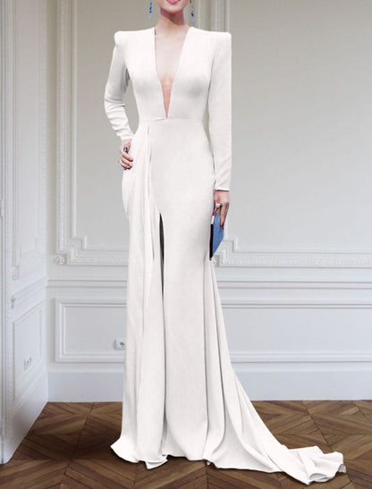 A-Line Evening Gown Elegant Black Champagne Dress Plus Size Dress Formal Sweep / Brush Train Long Sleeve V Neck Fabric with Pleats Slit
