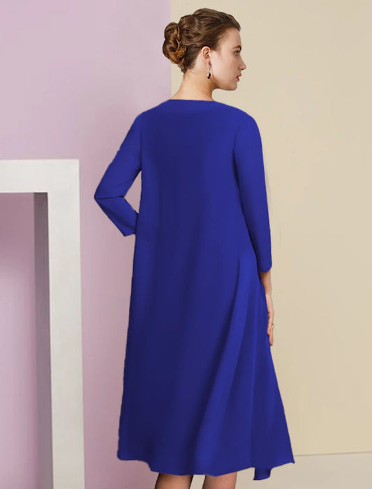 Two Piece Sheath / Column Mother of the Bride Dress Formal Wedding Guest Vintage Elegant V Neck Knee Length Chiffon Lace Half Sleeve Jacket Dresses with Appliques