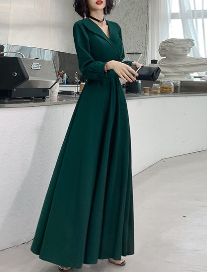 A-Line Evening Gown Minimalist Dress Prom Formal Evening Floor Length Long Sleeve V Neck Fabric with Sash / Ribbon