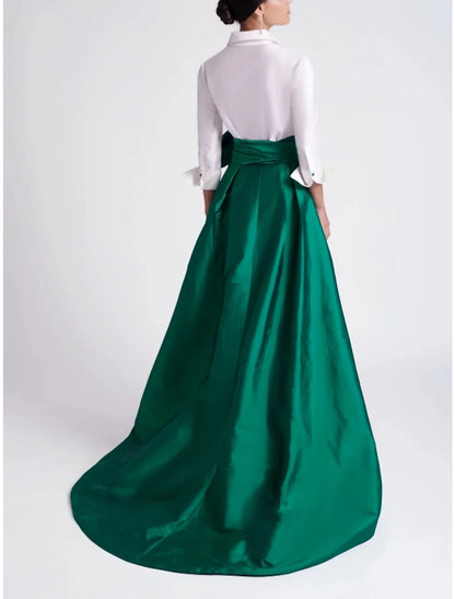 A-Line Evening Gown Elegant Red Green Dress Formal Wedding Guest Sweep / Brush Train 3/4 Length Sleeve Shirt Collar Satin with Bow(s) Slit