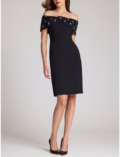 Sheath / Column Wedding Guest Dresses Elegant Dress Homecoming Knee Length Black Dress Short Sleeve Off Shoulder Fabric with Crystals