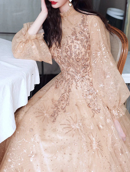 A-Line Glittering Elegant Engagement Formal Evening Dress High Neck Long Sleeve Floor Length Tulle with Sequin