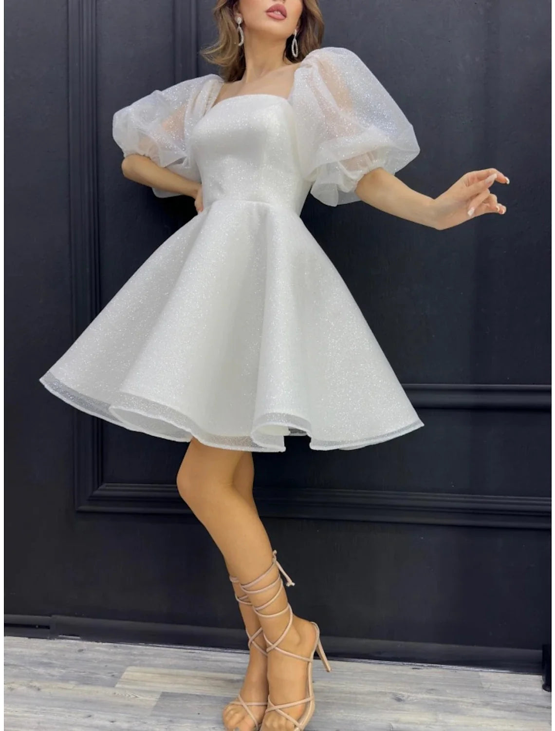 A-Line Sparkle Half Sleeve Square Neck Sequined with Glitter Pleats Short/Mini Homecoming Dresses