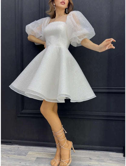A-Line Sparkle Half Sleeve Square Neck Sequined with Glitter Pleats Short/Mini Homecoming Dresses