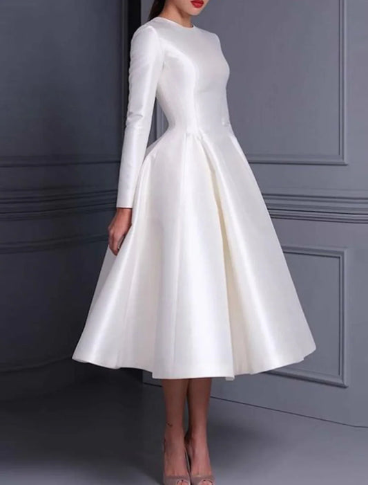 Ball Gown Cocktail Dresses Cute Dress Wedding Tea Length Long Sleeve Jewel Neck Fall Wedding Guest Satin with Pleats Pure Color 2026