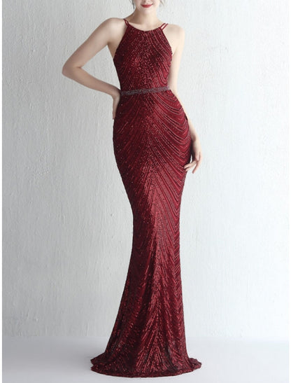 Mermaid / Trumpet Evening Gown Elegant Dress Formal Sweep / Brush Train Sleeveless Spaghetti Strap Chiffon with Glitter Pleats