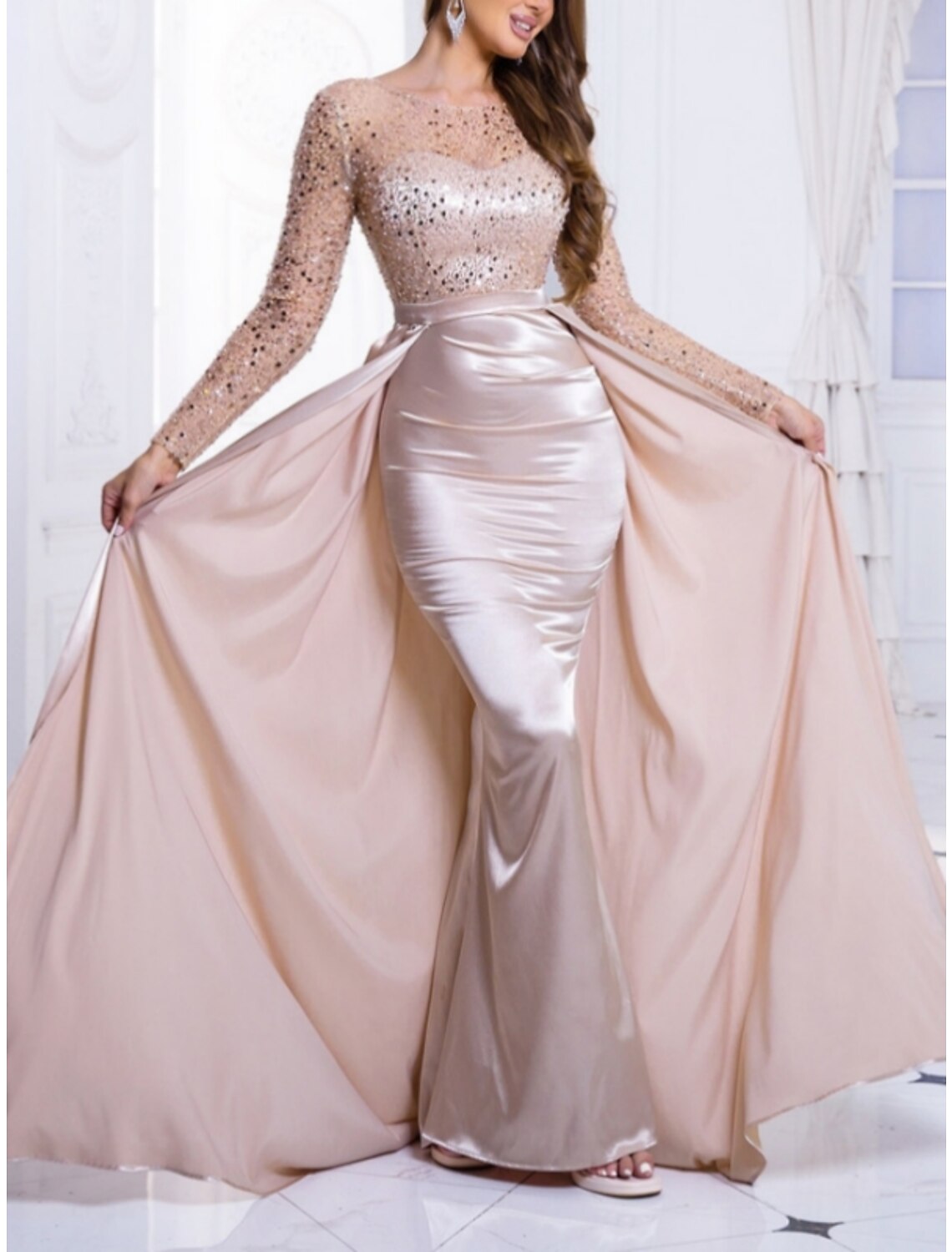 Sheath / Column Evening Gown Elegant Dress Formal Wedding Guest Sweep / Brush Train Long Sleeve Jewel Neck Satin with Ruched Sequin 2026