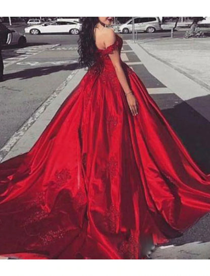 Ball Gown Luxurious Sexy Quinceanera Formal Evening Valentine's Day Dress Off Shoulder Short Sleeve Chapel Train Lace with Appliques