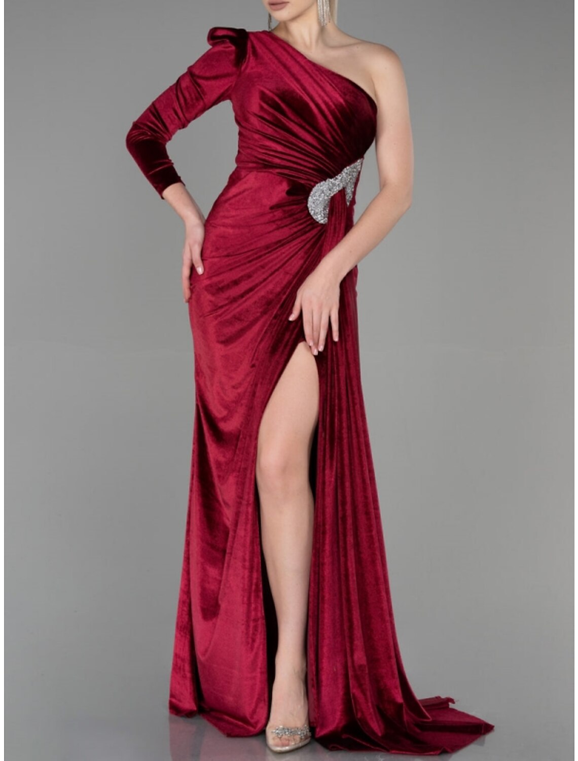 A-Line Evening Gown Christmas Elegant Dress Formal Sweep / Brush Train Long Sleeve One Shoulder Velvet with Glitter Pleats Ruched 2026