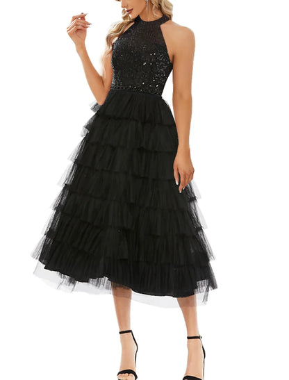 A-Line Cocktail Dresses Sparkle & Shine Dress Wedding Guest Semi Formal Tea Length Sleeveless High Neck Tulle with Sequin 2026