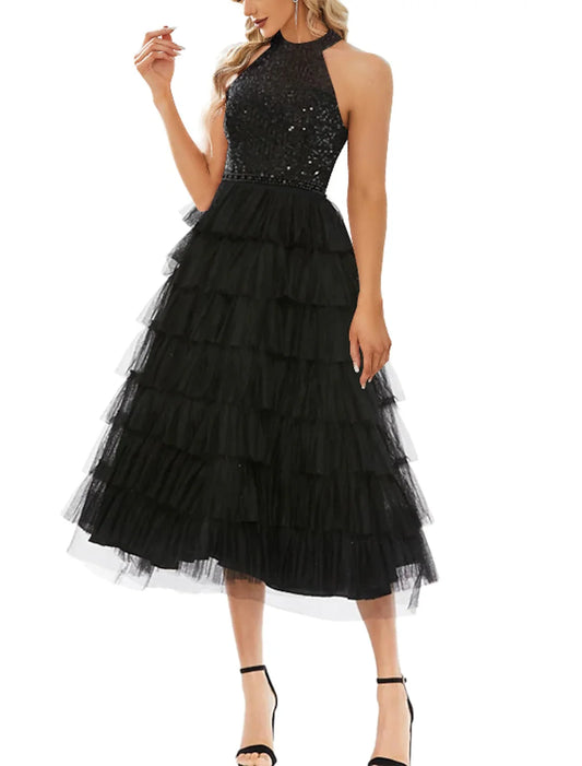 A-Line Cocktail Dresses Sparkle & Shine Dress Wedding Guest Semi Formal Tea Length Sleeveless High Neck Tulle with Sequin 2026