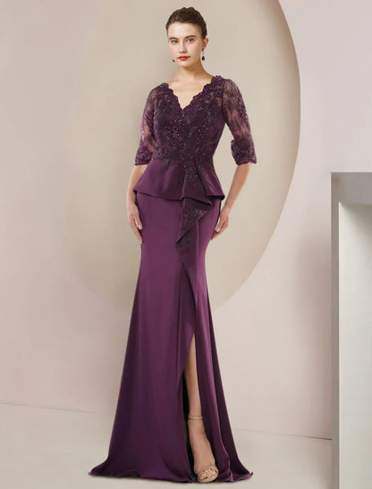 Mermaid / Trumpet Mother of the Bride Dress Formal Wedding Guest Luxurious Elegant V Neck Floor Length Lace Chiffon Half Sleeve with Beading Ruffles Appliques