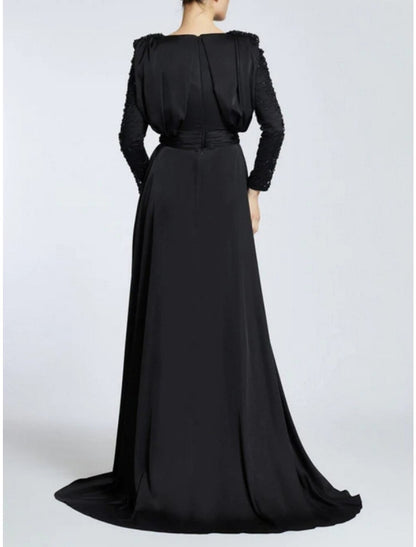 A-Line Evening Gown Black Dress Plus Size Elegant Dress Formal Sweep / Brush Train Long Sleeve Jewel Neck Satin with Pleats Sequin