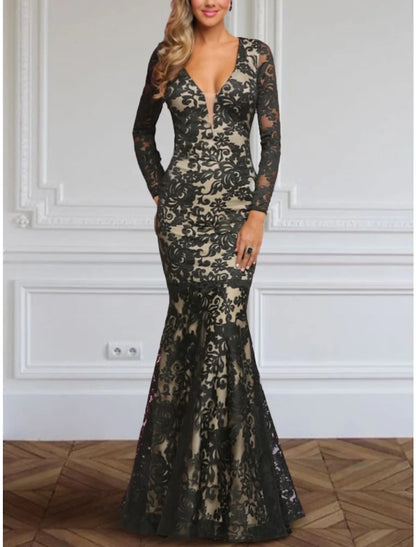 Mermaid / Trumpet Evening Gown Elegant Dress Formal Fall Floor Length Long Sleeve V Neck Lace with Pleats Embroidery