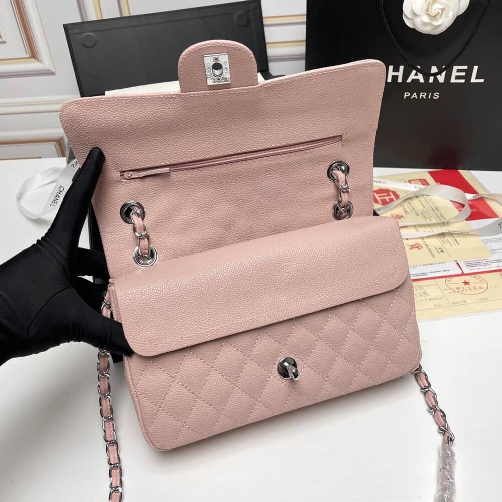 Chanel Medium Classic Flap Bag Silver Hardware Pink 25Cm