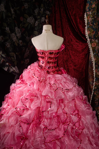 Vintage Hot Pink Sequin Strapless Ball Gown Ruffled Layers Bow Embellishments Quinceañera Formal Dress TP5114