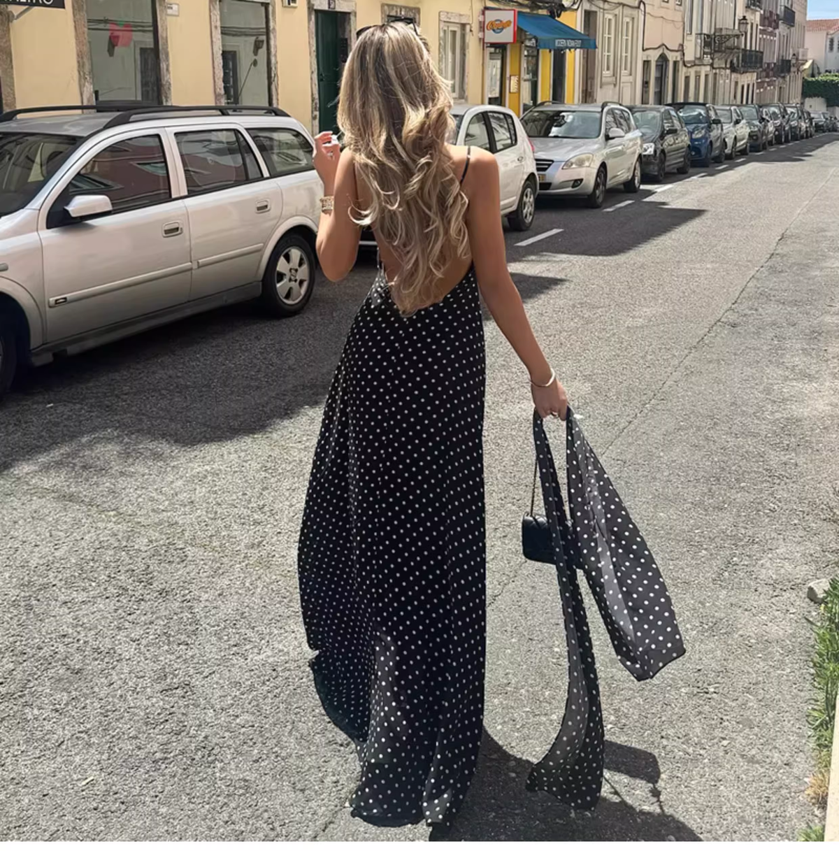 Vintage Polka Dot Spaghetti Strap Maxi Prom Dress with Neck Scarf TP5709
