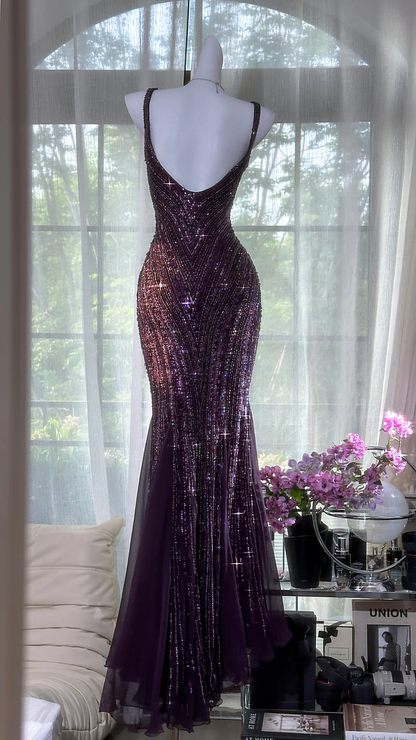 Gorgeous Beaded Sequin V-neck Mermaid Elegant Chiffon Evening Dress Prom Dresses TP4144