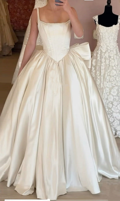 Pearl Square Neck Back Bow Satin Wedding Dress gh6399