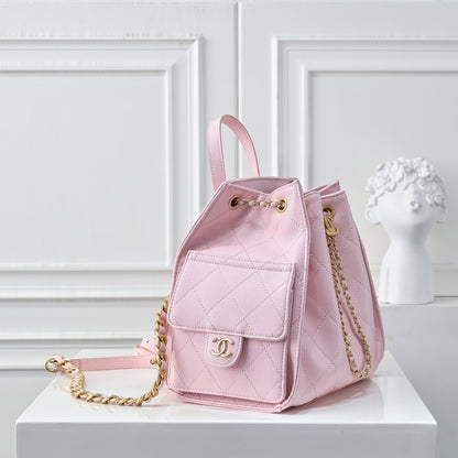 Chanel 25 Medium Size Backpack Grain Effect And Gold Metal Pink 23Cm