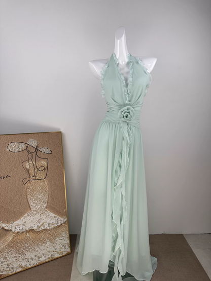 Ethereal Chiffon Halter Neck Evening Gown Floral Prom Dress TP5707