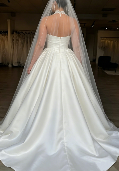 Elegant Strapless Draped Satin Chapel Train A-Line Wedding Gown TP5902