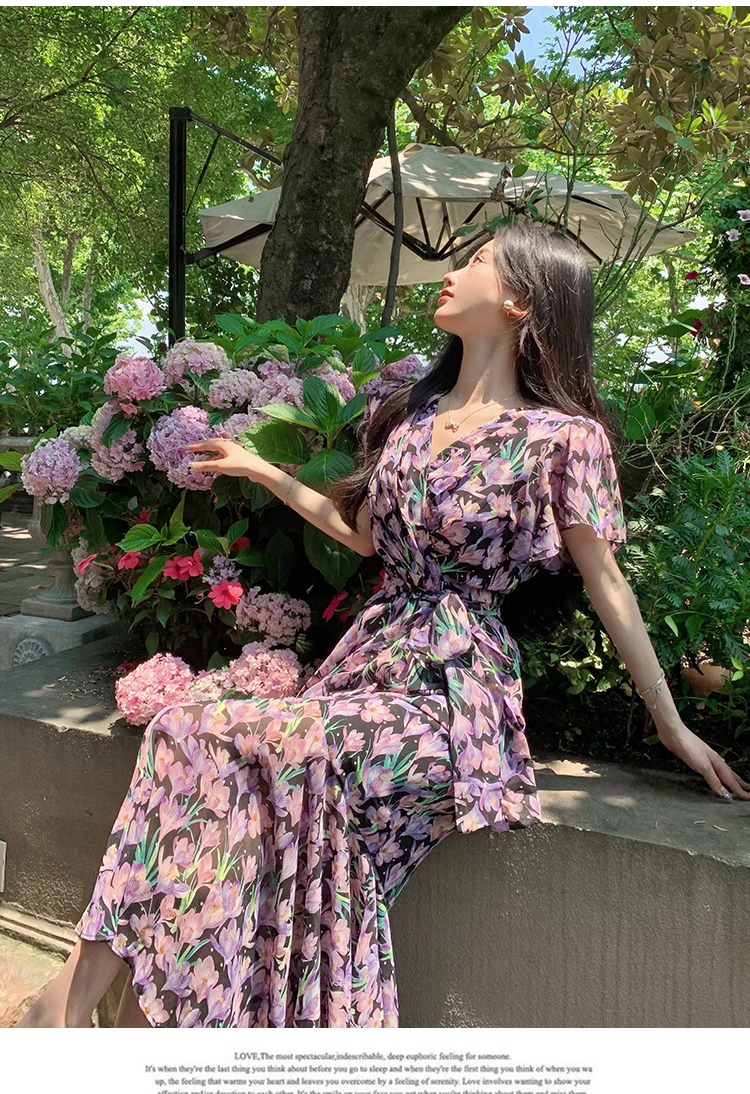New Fashion Floaral Design V-neck Short Sleeves Mermaid Slim Long Dress TP3048