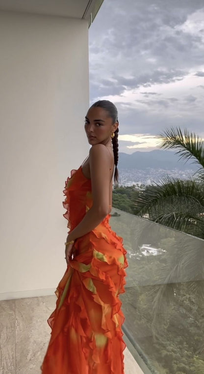 Orange Fashion Elegant Spaghetti Strap Long Ruffle Chiffon Ball Gown Evening Dress Party Dress Wedding Guest Dress gh3318